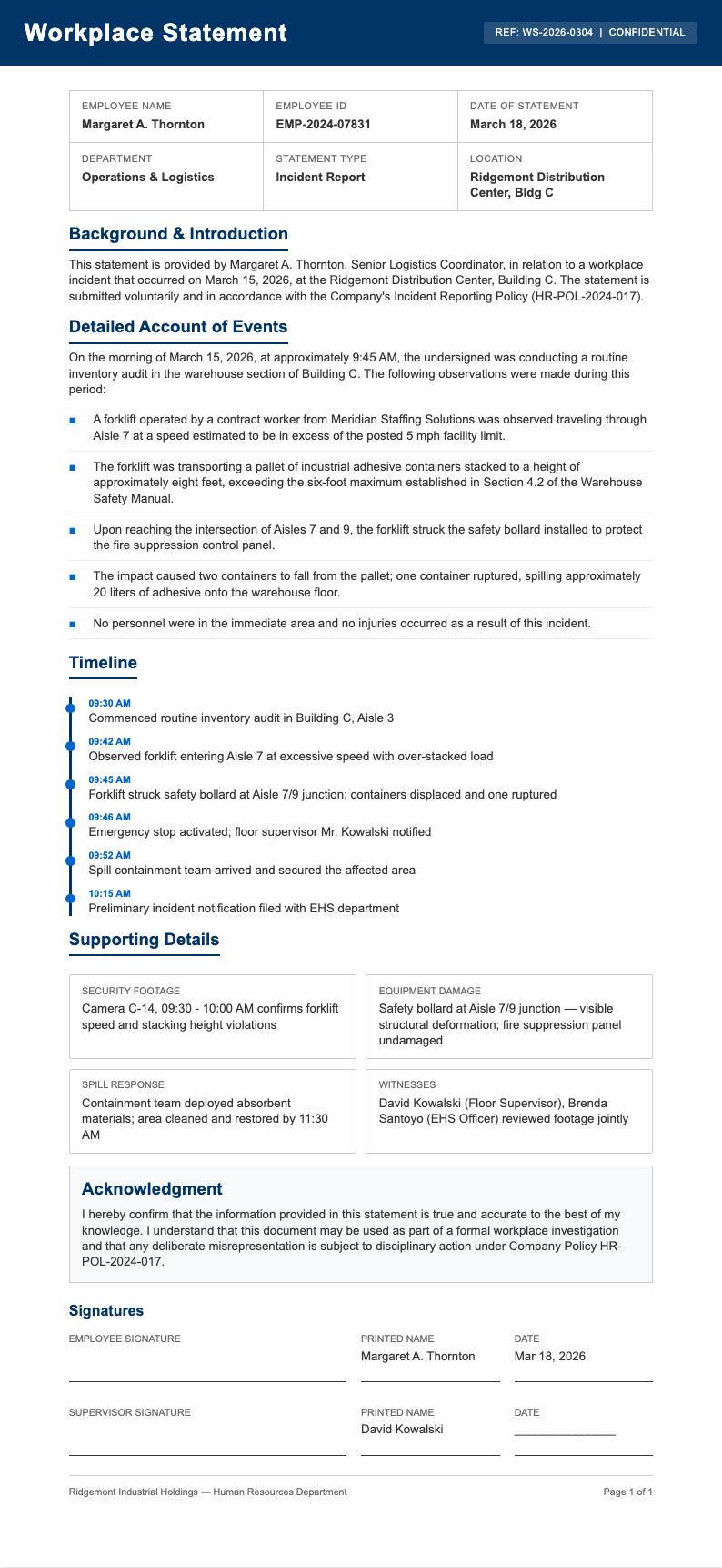 Corporate standard workplace statement